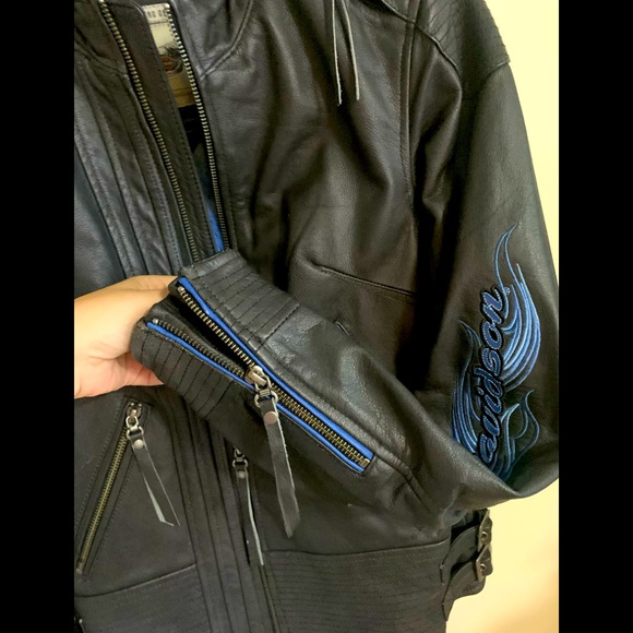 Harley Davidson black leather blue flames jacket S - Picture 6 of 9